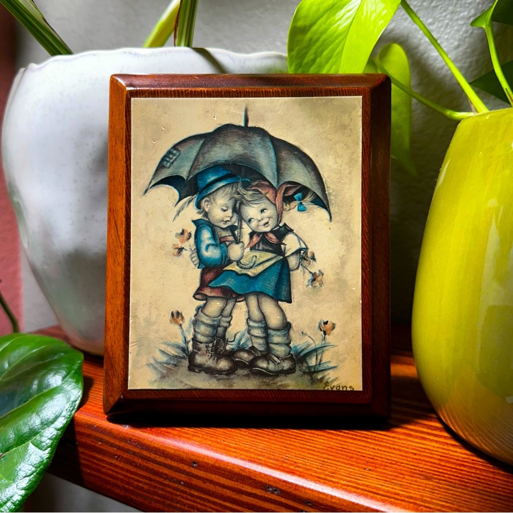 Hummel “Children In The Rain” Signed Evans Decoupage Wooden 70s Hanging Art